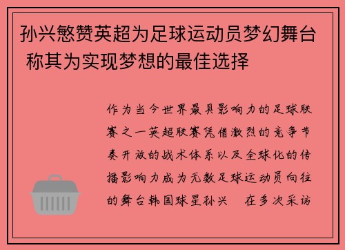 孙兴慜赞英超为足球运动员梦幻舞台 称其为实现梦想的最佳选择 孙兴慜赞英超为足球运动员梦幻舞台 称其为实现梦想的最佳选择